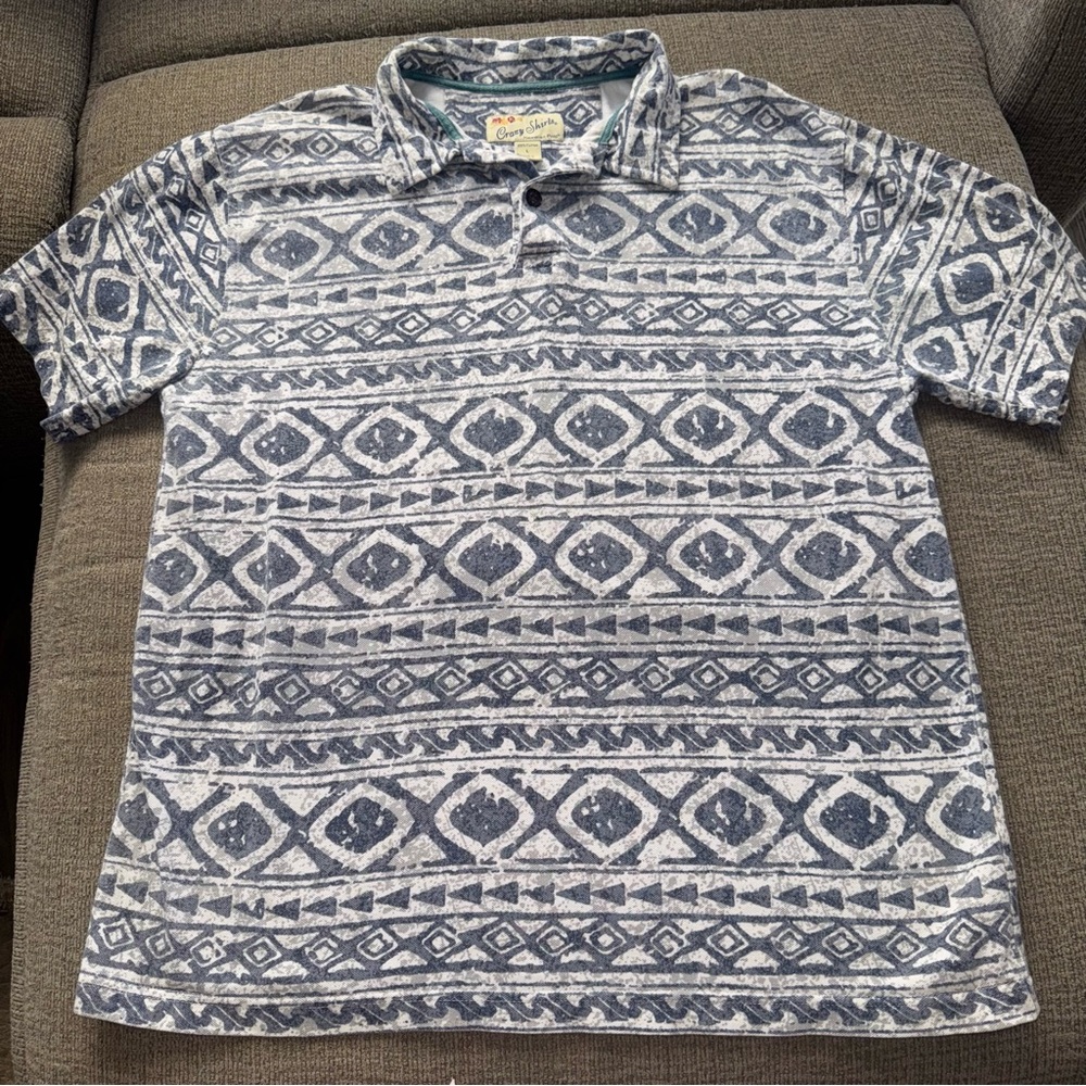 Crazy Shirts Hawaiian Polo Mens Large Tribal Print Blue Short Sleeve luau cruise